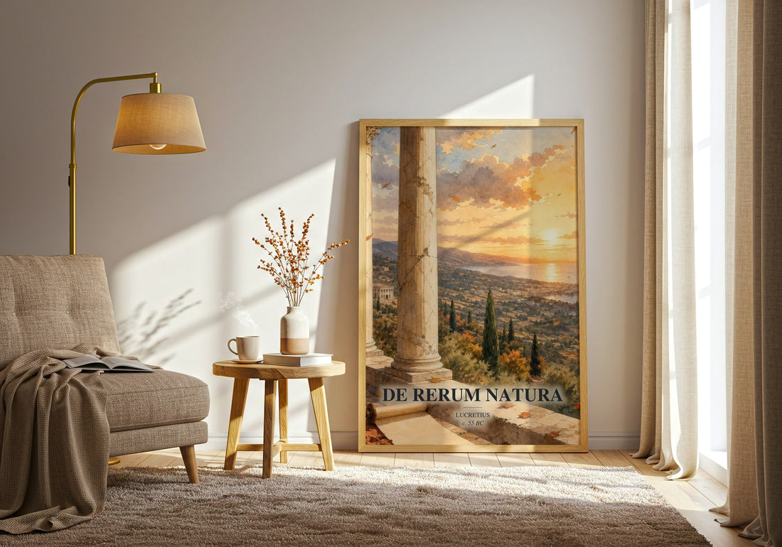De Rerum Natura watercolour print in frame leaning in hallway – philosophy wall art