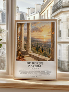 De Rerum Natura bookish print in frame leaning in hallway – philosophy wall art
