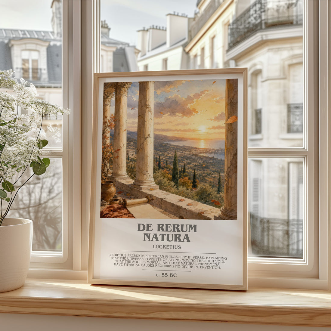 De Rerum Natura bookish print in frame leaning in hallway – philosophy wall art