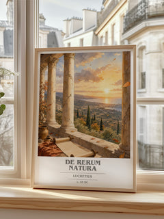 De Rerum Natura book cover print in frame leaning in hallway – philosophy wall art