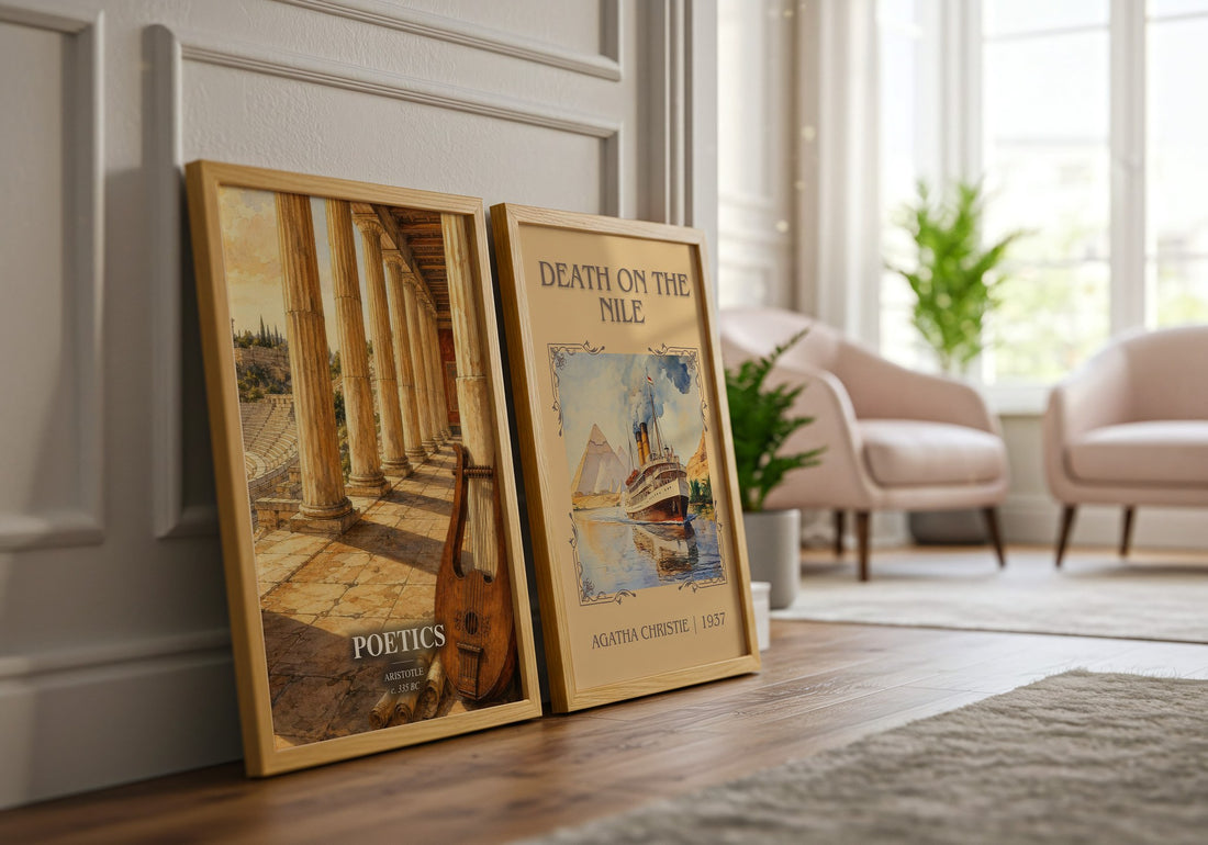 Poetics watercolour print framed by window – literary home decor