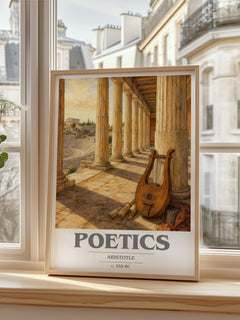 Poetics book cover print in frame leaning in hallway – philosophy wall art