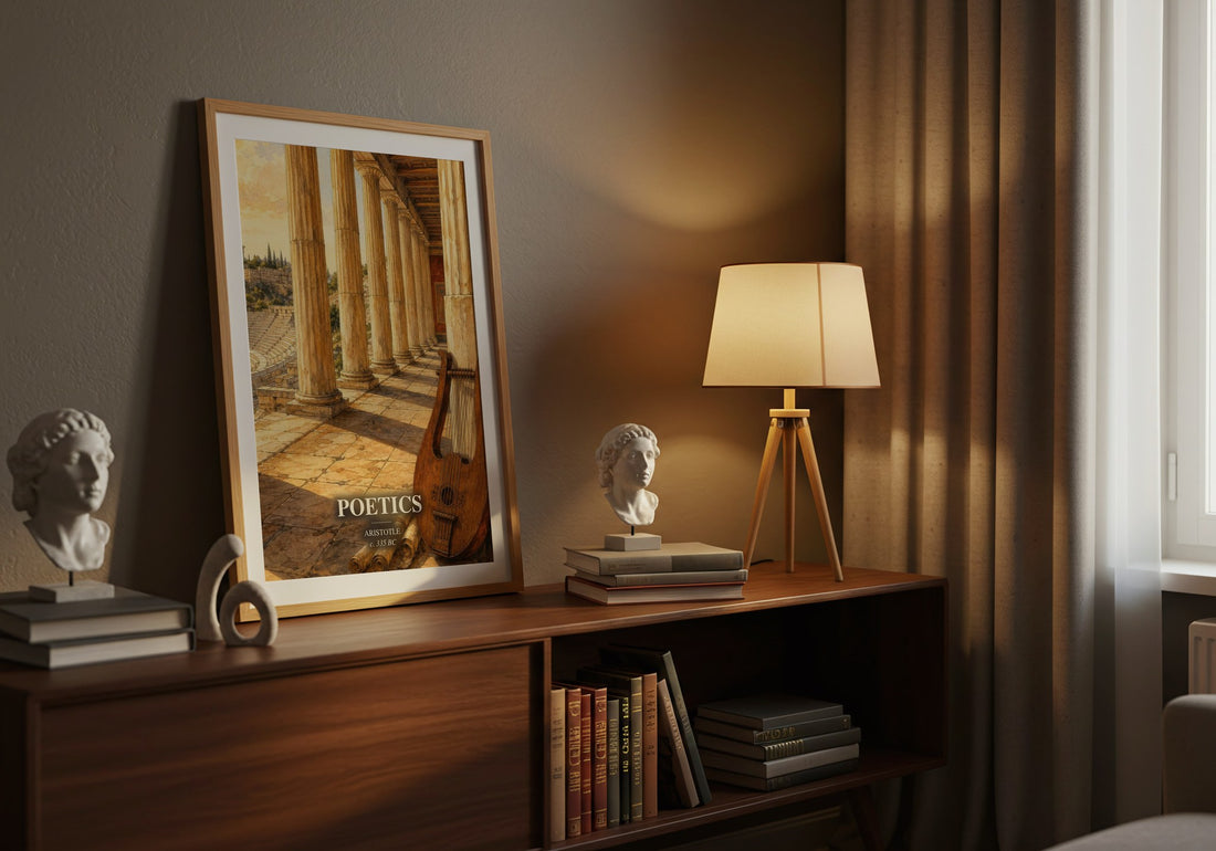 Poetics watercolour print on bookshelf – Aristotle fan gift