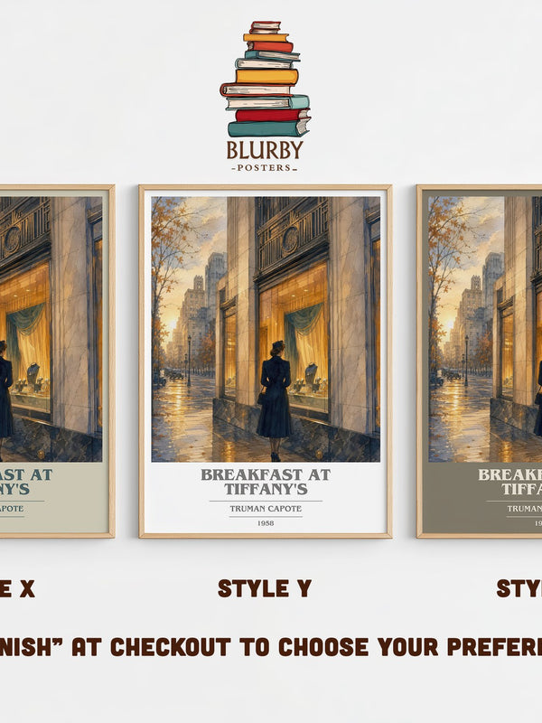 Breakfast at Tiffany's book cover print in frame leaning in hallway – literary fiction wall art