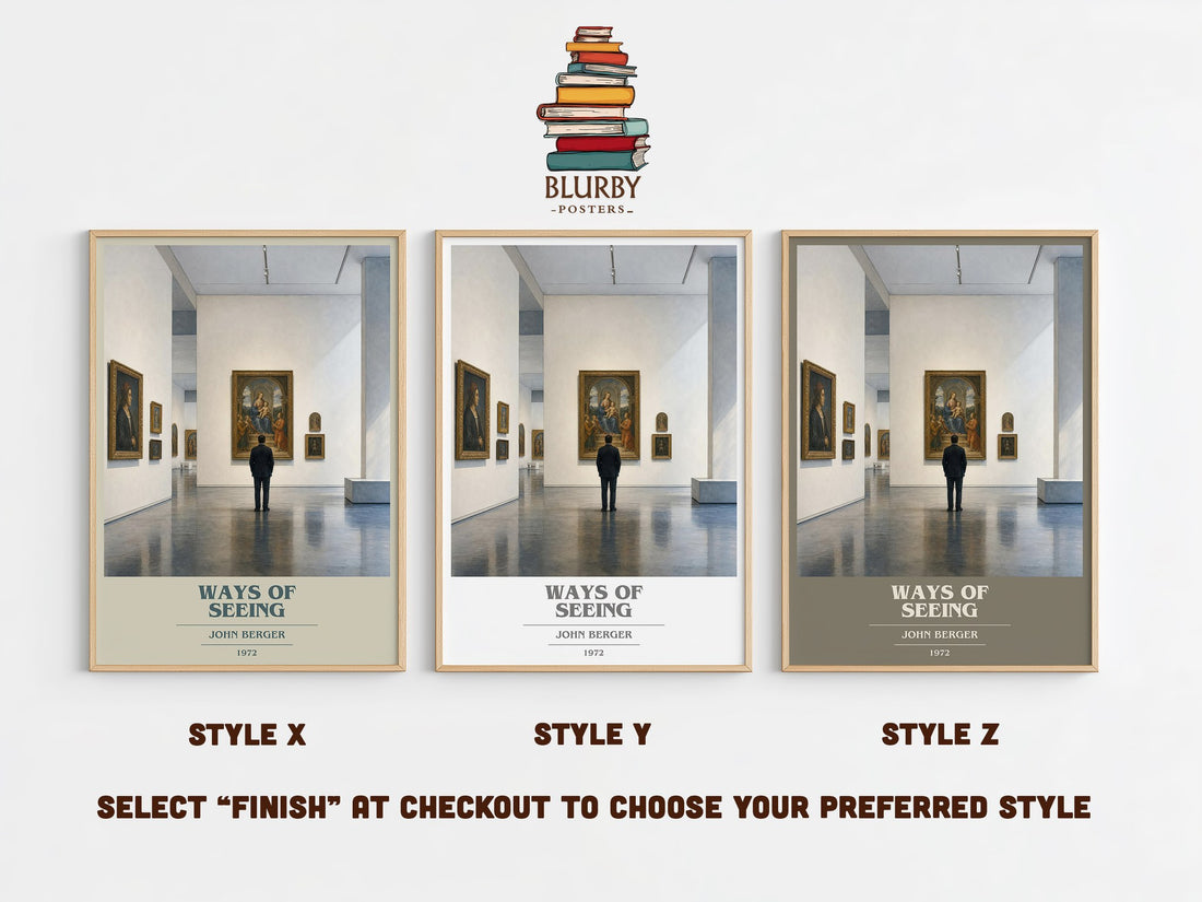 Ways Of Seeing book cover print in frame leaning in hallway – non fiction wall art (mockup)