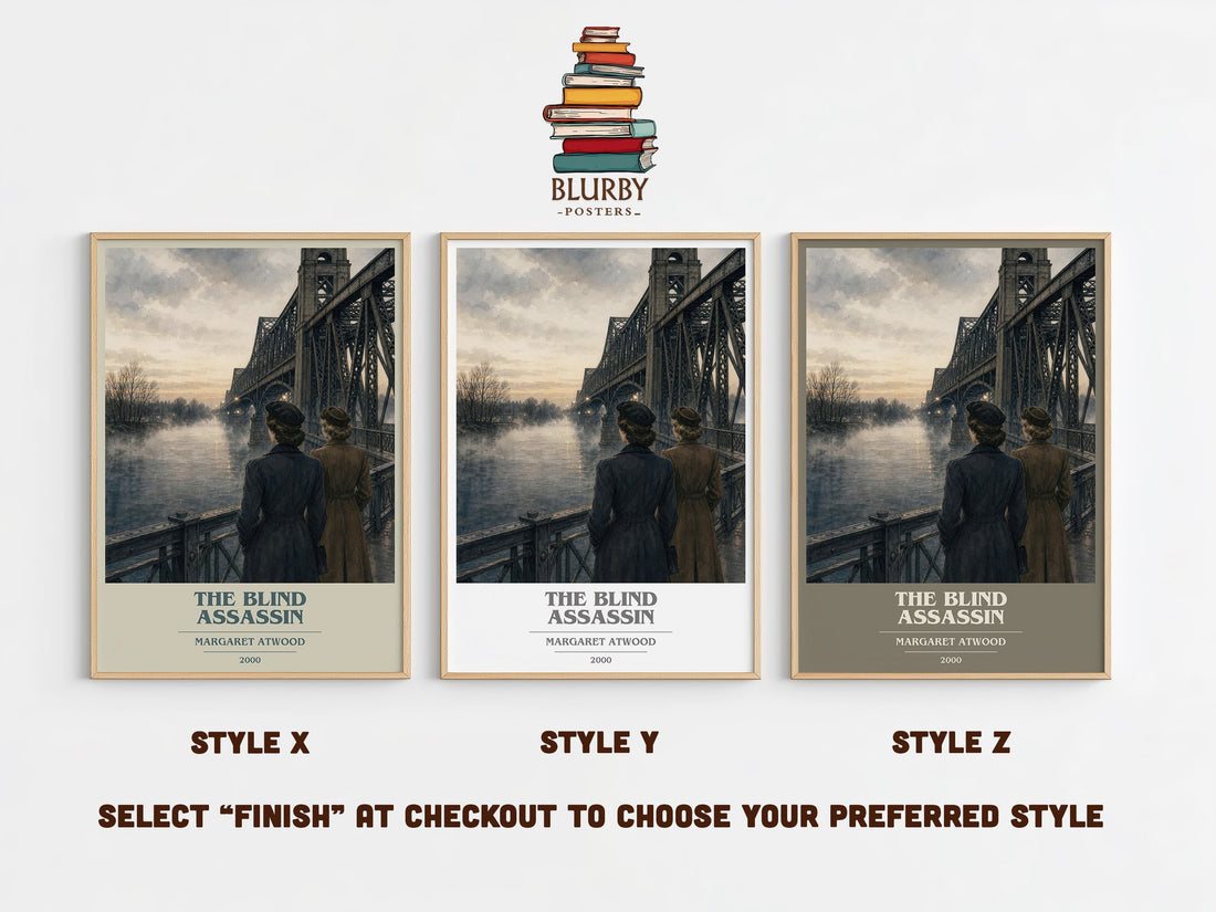 The Blind Assassin book cover print in frame leaning in hallway – literary fiction wall art (mockup)
