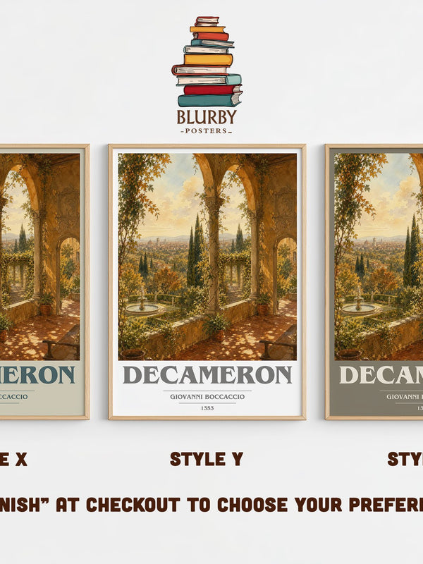 Decameron book cover print in frame leaning in hallway – classic literature wall art