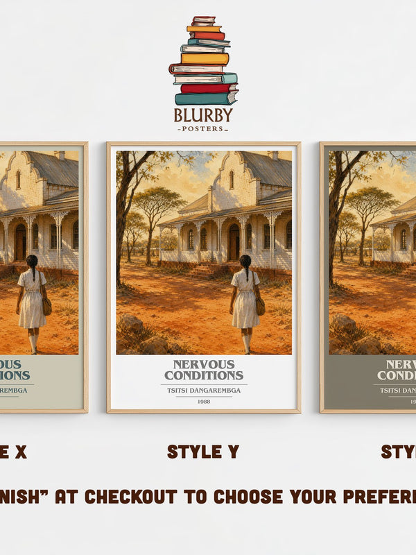 Nervous Conditions book cover print in frame leaning in hallway – literary fiction wall art
