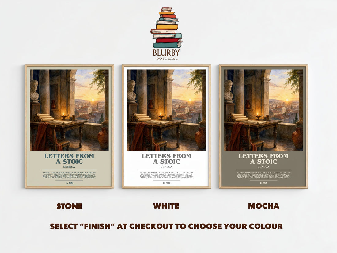 Letters from a Stoic bookish print framed by window – Stone, White and Mocha side by side – choose your colour
