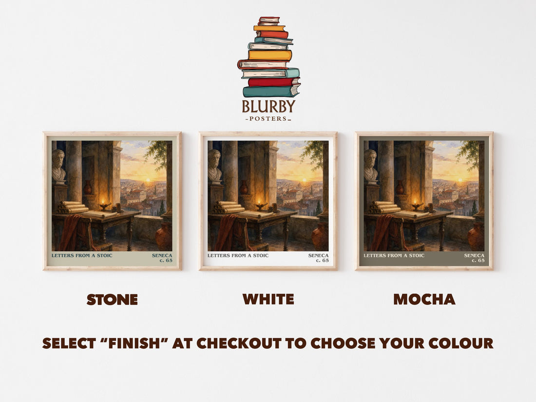 Letters from a Stoic literary print framed by window – Stone, White and Mocha square prints side by side – choose your colour