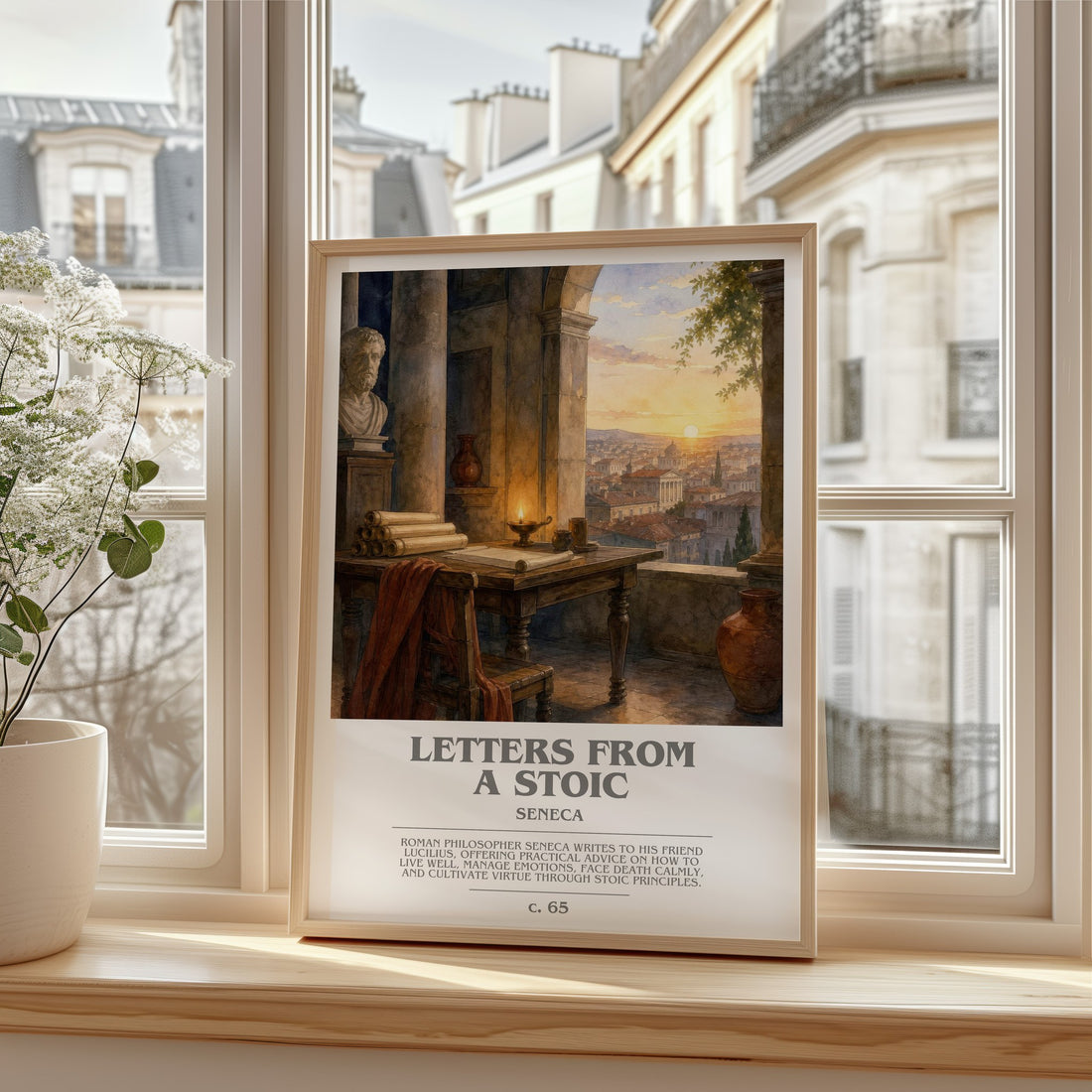 Letters from a Stoic bookish print in frame leaning in hallway – philosophy wall art