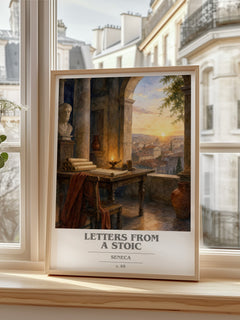 Letters from a Stoic book cover print in frame leaning in hallway – philosophy wall art