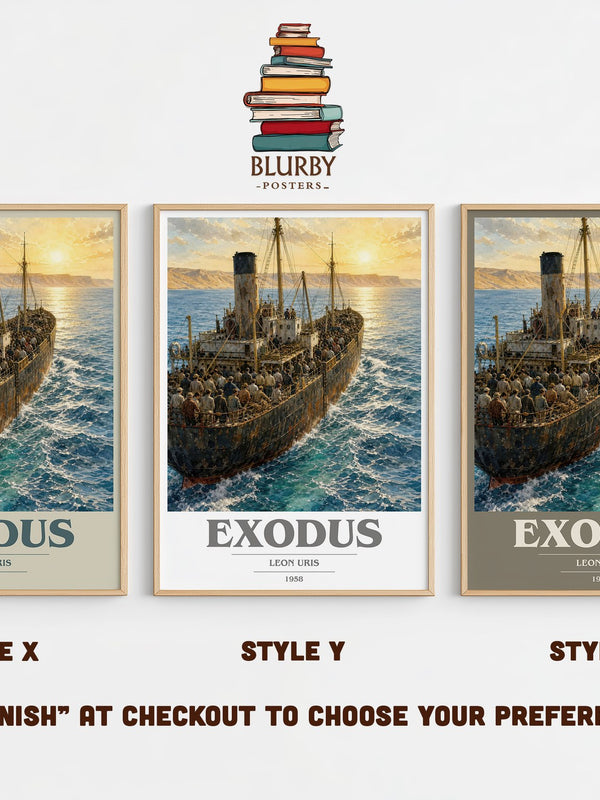 Exodus book cover print in frame leaning in hallway – historical fiction wall art