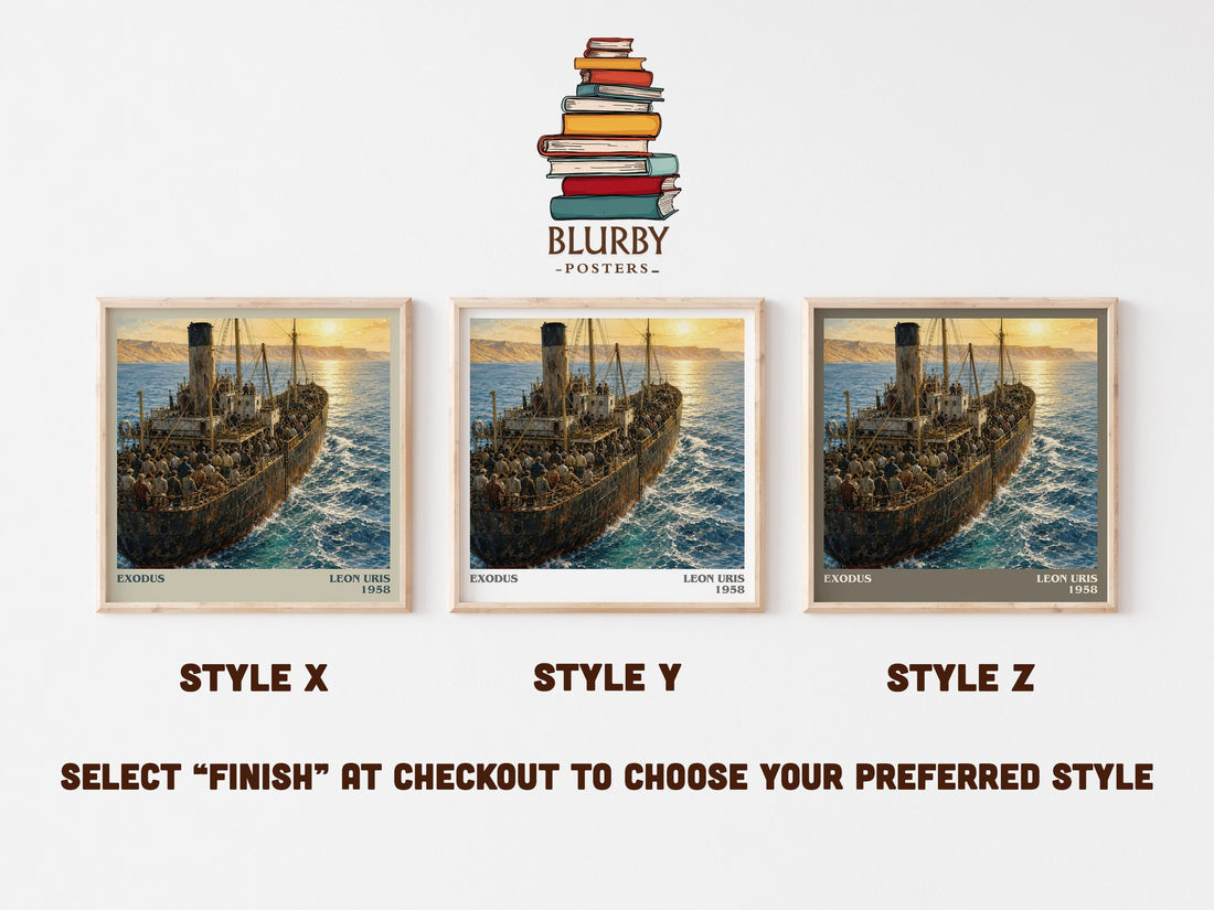 Exodus literary print in frame leaning in hallway – historical fiction wall art (mockup)
