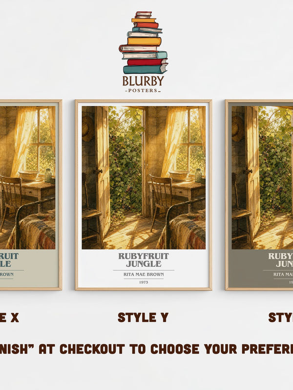 Rubyfruit Jungle book cover print in frame leaning in hallway – coming of age wall art