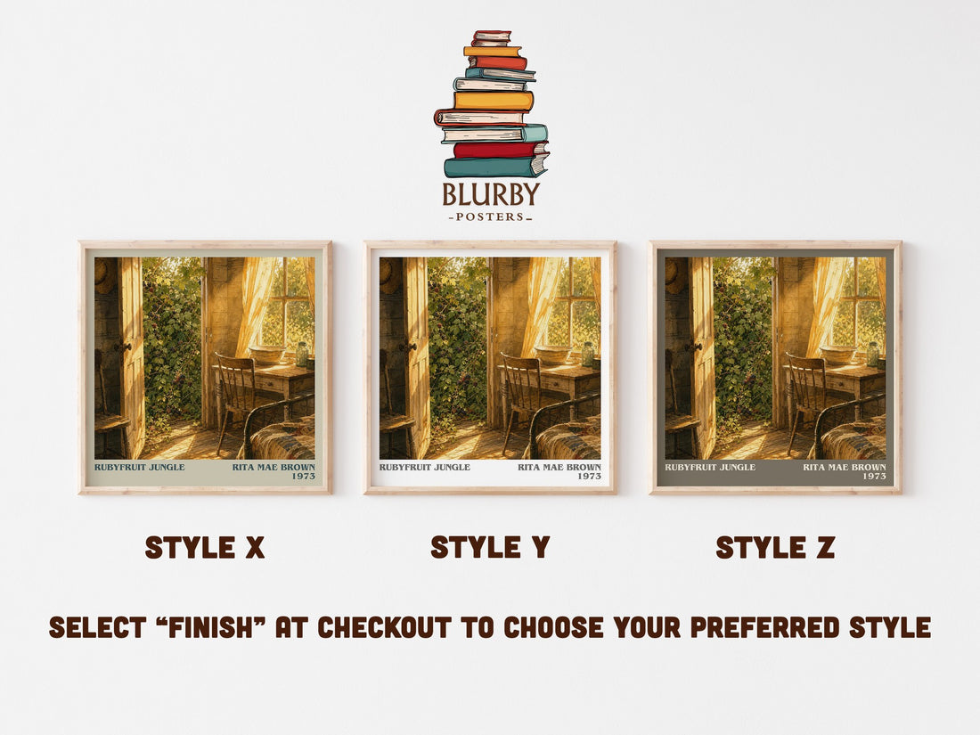 Rubyfruit Jungle literary print in frame leaning in hallway – coming of age wall art (mockup)