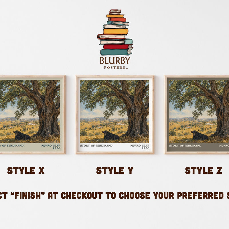 Story of Ferdinand literary print in frame leaning in hallway – childrens wall art