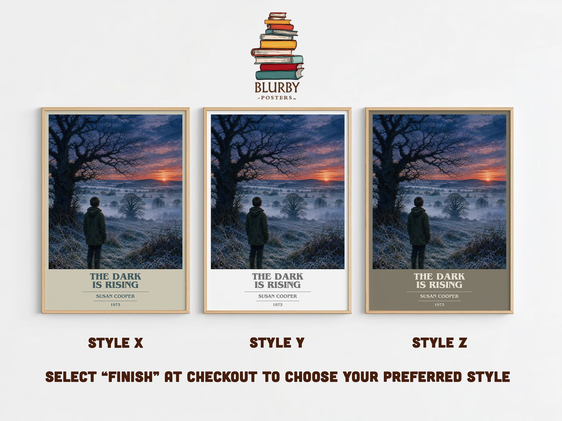 The Dark Is Rising book cover print in frame leaning in hallway – fantasy wall art (mockup)