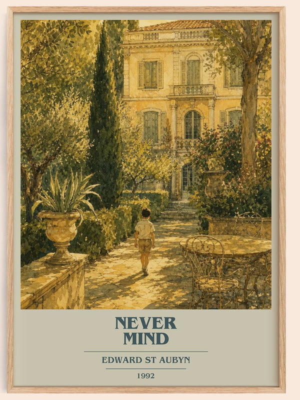 Never Mind book cover book poster by Edward St Aubyn – framed literary art print