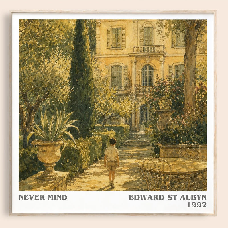 Never Mind literary book poster by Edward St Aubyn – framed literary art print
