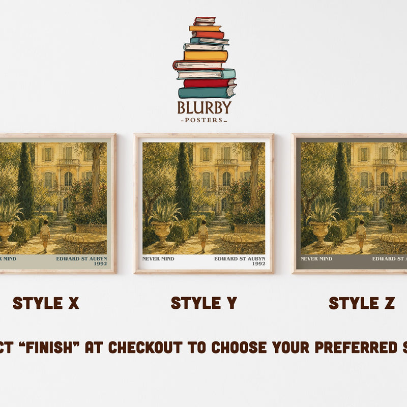 Never Mind literary print in frame leaning in hallway – literary fiction wall art
