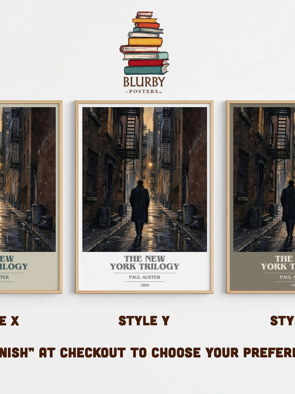 The New York Trilogy book cover print in frame leaning in hallway – literary fiction wall art