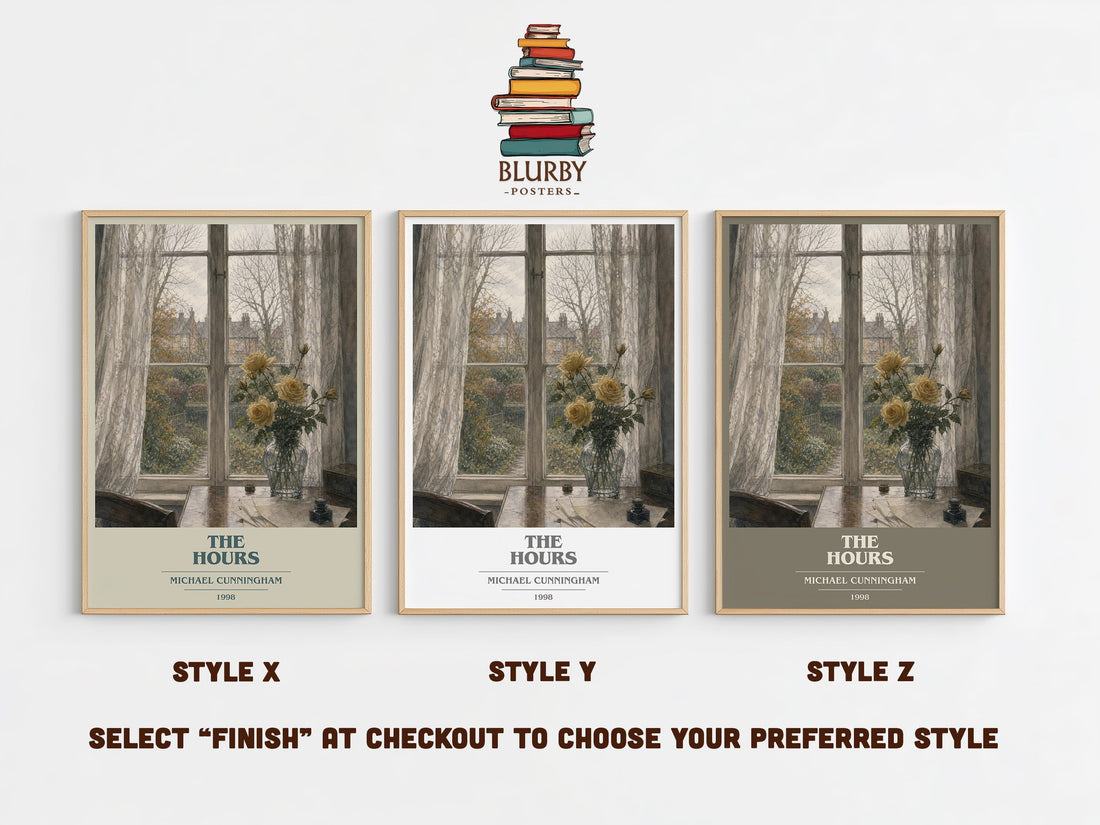 The Hours book cover print in frame leaning in hallway – literary fiction wall art (mockup)