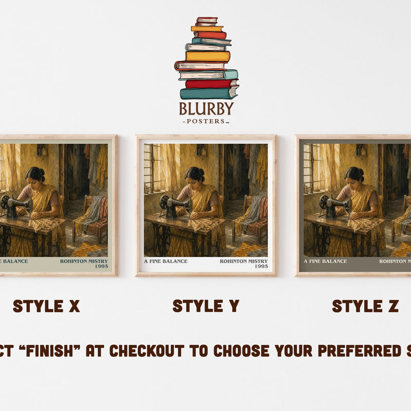 A Fine Balance literary print in frame leaning in hallway – contemporary fiction wall art
