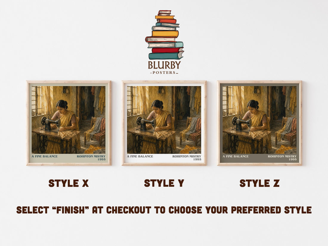 A Fine Balance literary print in frame leaning in hallway – contemporary fiction wall art (mockup)