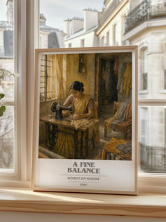 A Fine Balance book cover print in frame leaning in hallway – contemporary fiction wall art