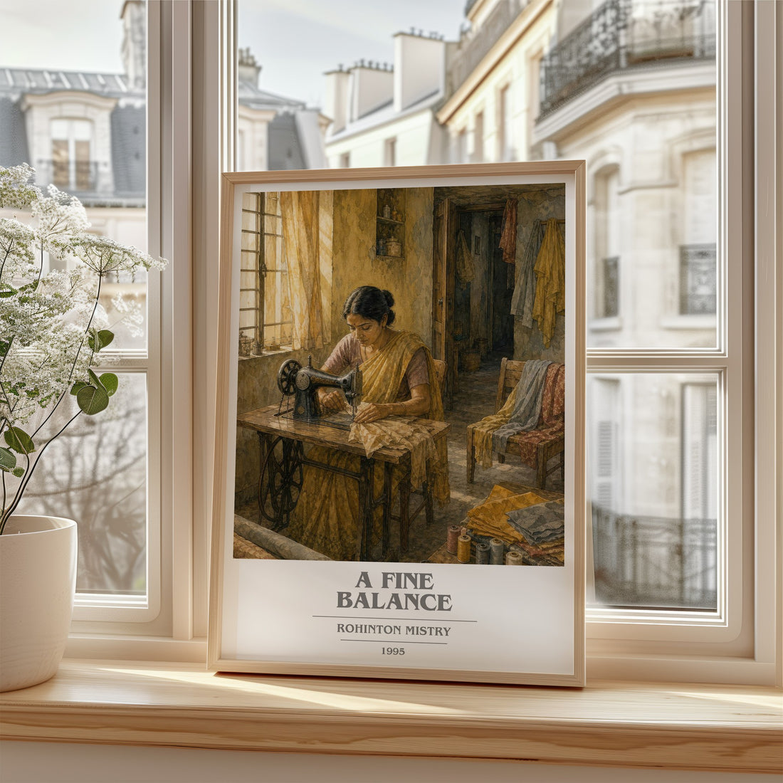 A Fine Balance book cover print in frame leaning in hallway – contemporary fiction wall art