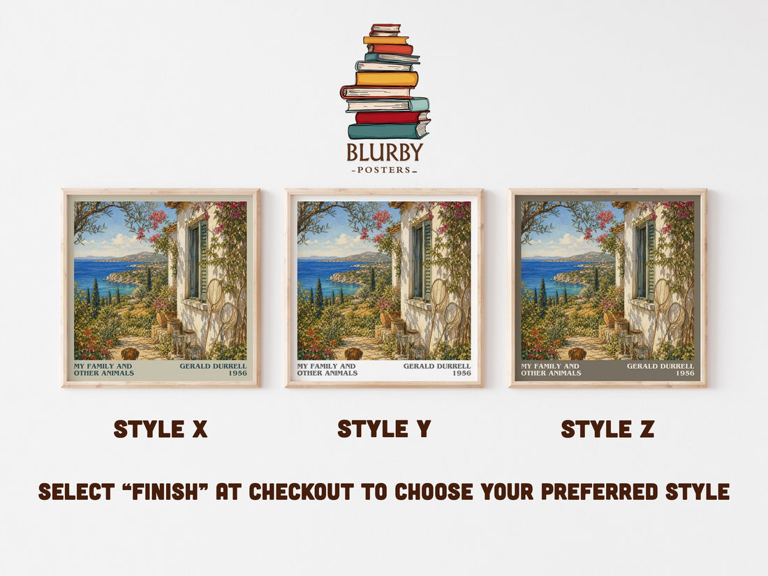 My Family And Other Animals literary print in frame leaning in hallway – memoir wall art (mockup)