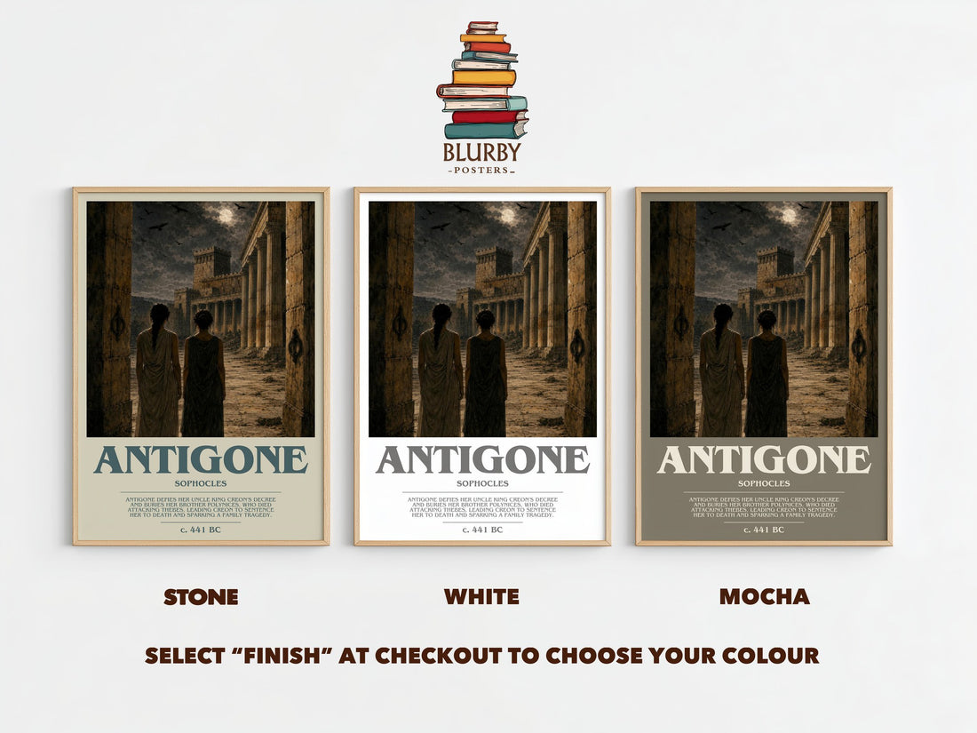 Antigone bookish print framed by window – Stone, White and Mocha side by side – choose your colour