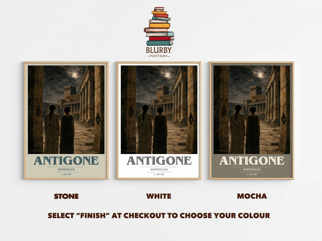 Antigone book cover print framed by window – Stone, White and Mocha side by side – choose your colour