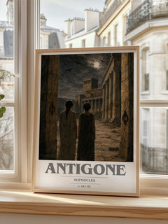 Antigone book cover print in frame leaning in hallway – classic literature wall art