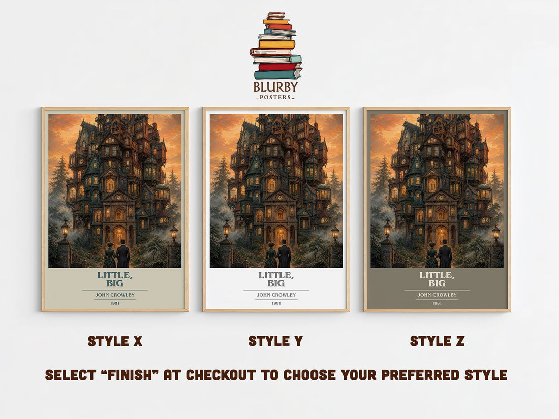 Little, Big book cover print in frame leaning in hallway – fantasy wall art (mockup)