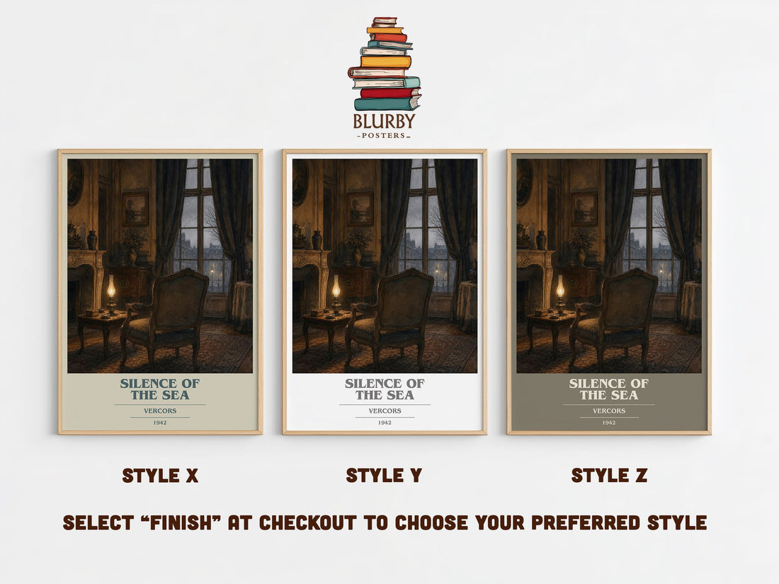 Silence of the Sea book cover print in frame leaning in hallway – literary fiction wall art (mockup)