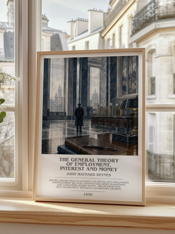 General Theory of Employment, Interest and Money Bookish Wall Art – – framed print by a bright window