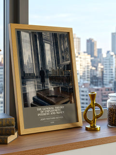 The General Theory of Employment, Interest and Money book cover print framed by window – literary home decor