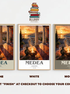 Medea book cover print framed by window – Stone, White and Mocha side by side – choose your colour