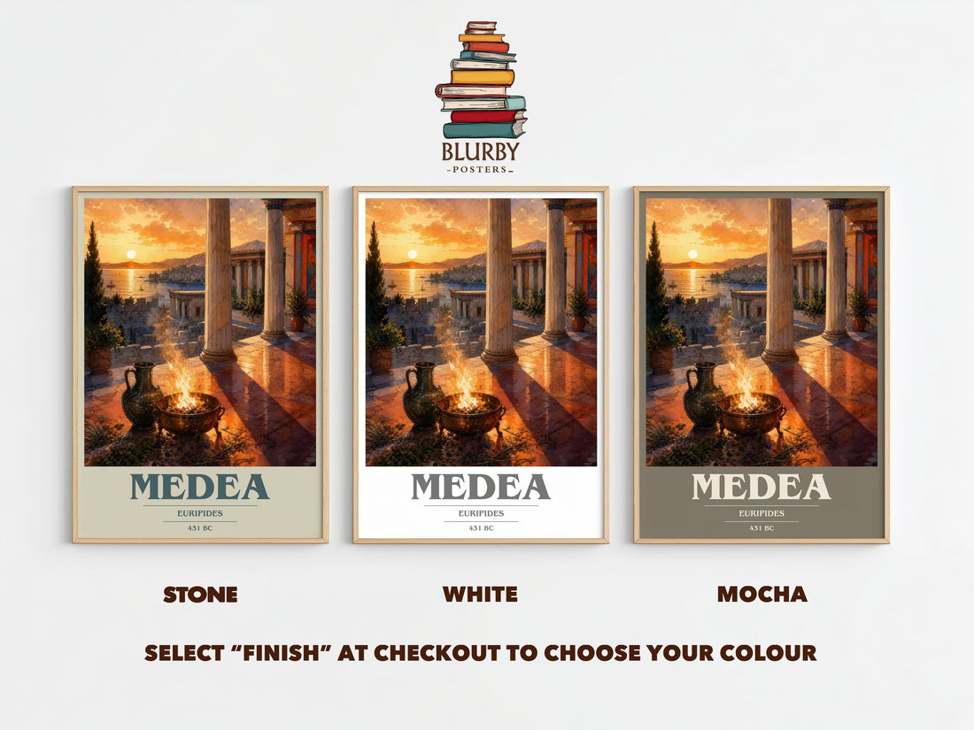 Medea book cover print framed by window – Stone, White and Mocha side by side – choose your colour
