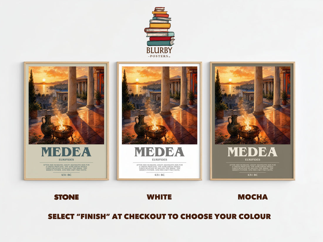 Medea bookish print framed by window – Stone, White and Mocha side by side – choose your colour
