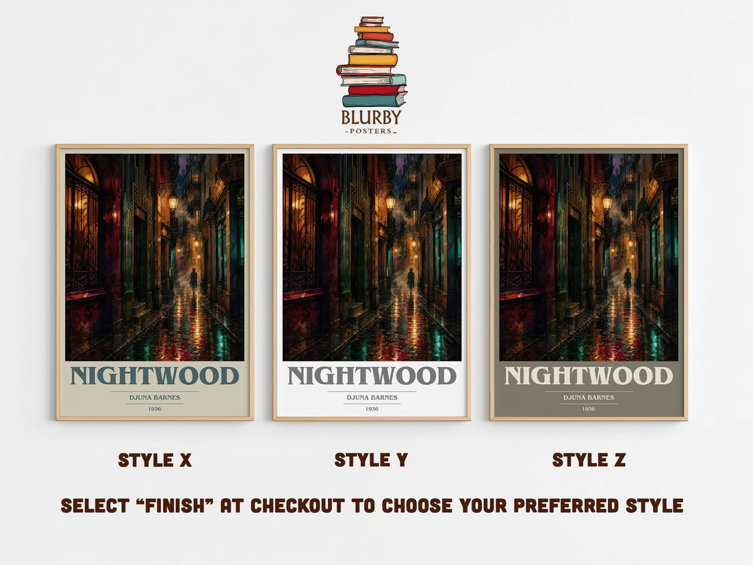 Nightwood book cover print in frame leaning in hallway – literary fiction wall art (mockup)