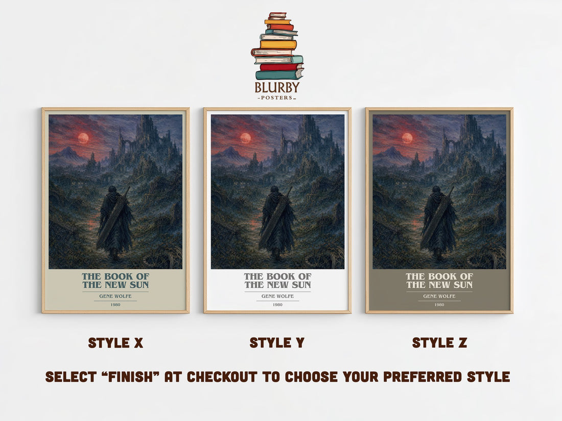 The Book of the New Sun book cover print in frame leaning in hallway – sci fi wall art (mockup)