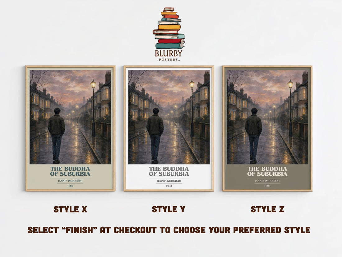 The Buddha of Suburbia book cover print in frame leaning in hallway – coming of age wall art (mockup)