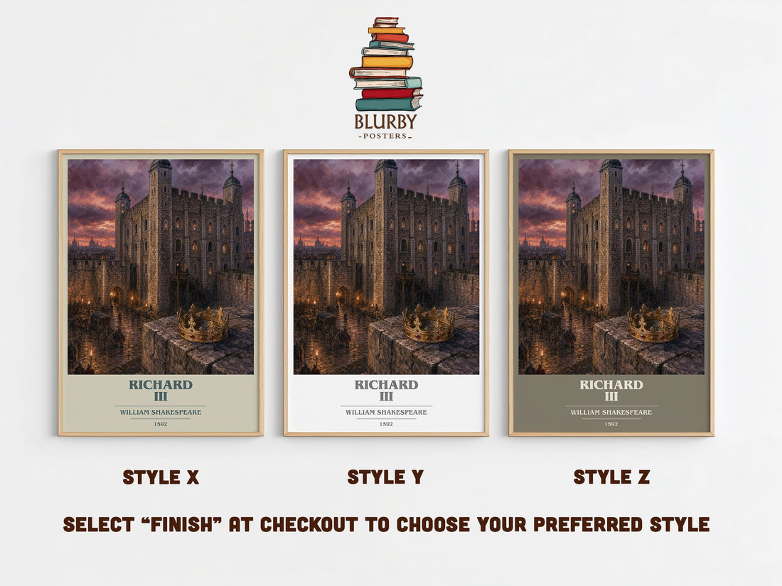 Richard III book cover print in frame leaning in hallway – classic literature wall art (mockup)