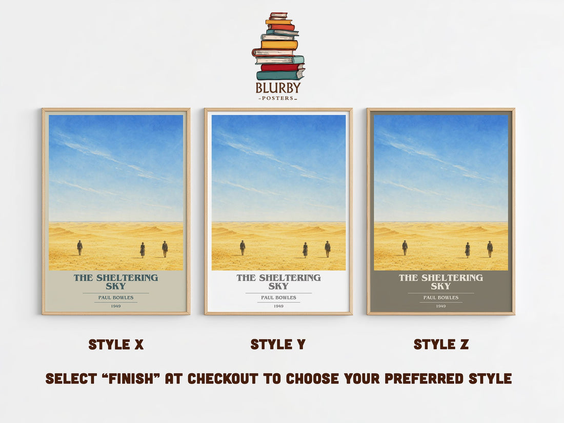 The Sheltering Sky book cover print in frame leaning in hallway – literary fiction wall art (mockup)