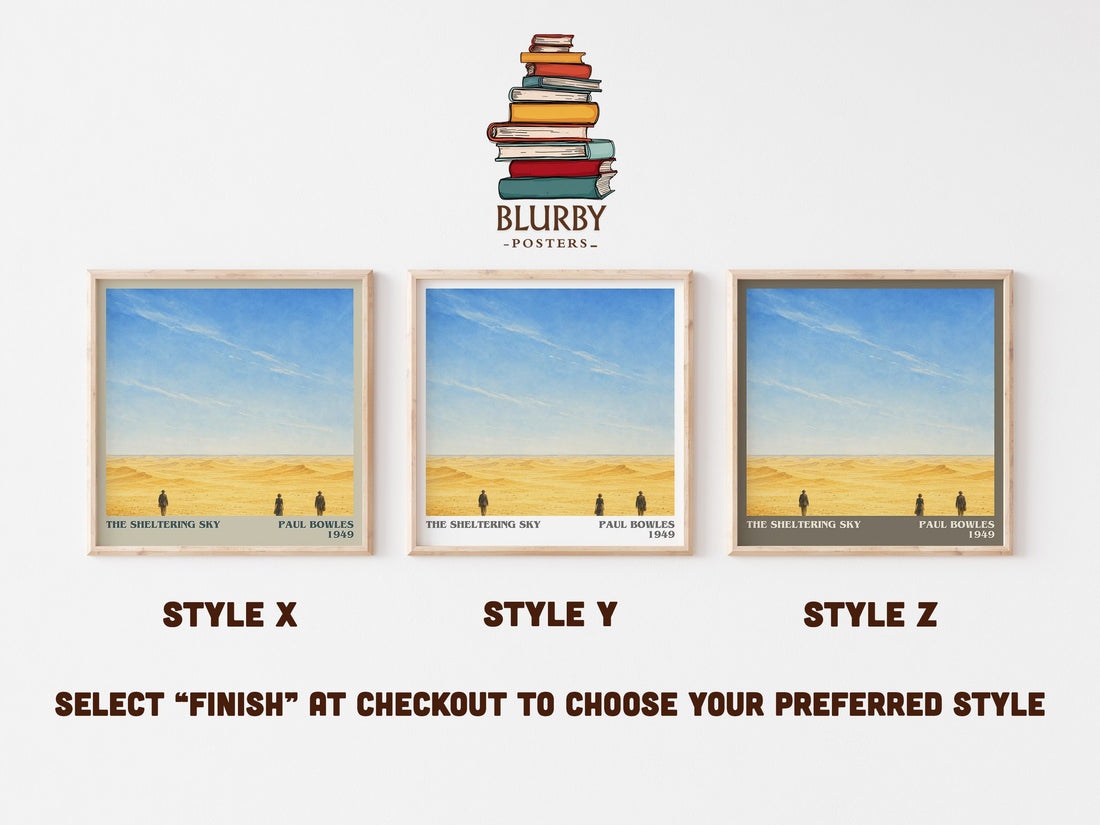 The Sheltering Sky literary print in frame leaning in hallway – literary fiction wall art (mockup)