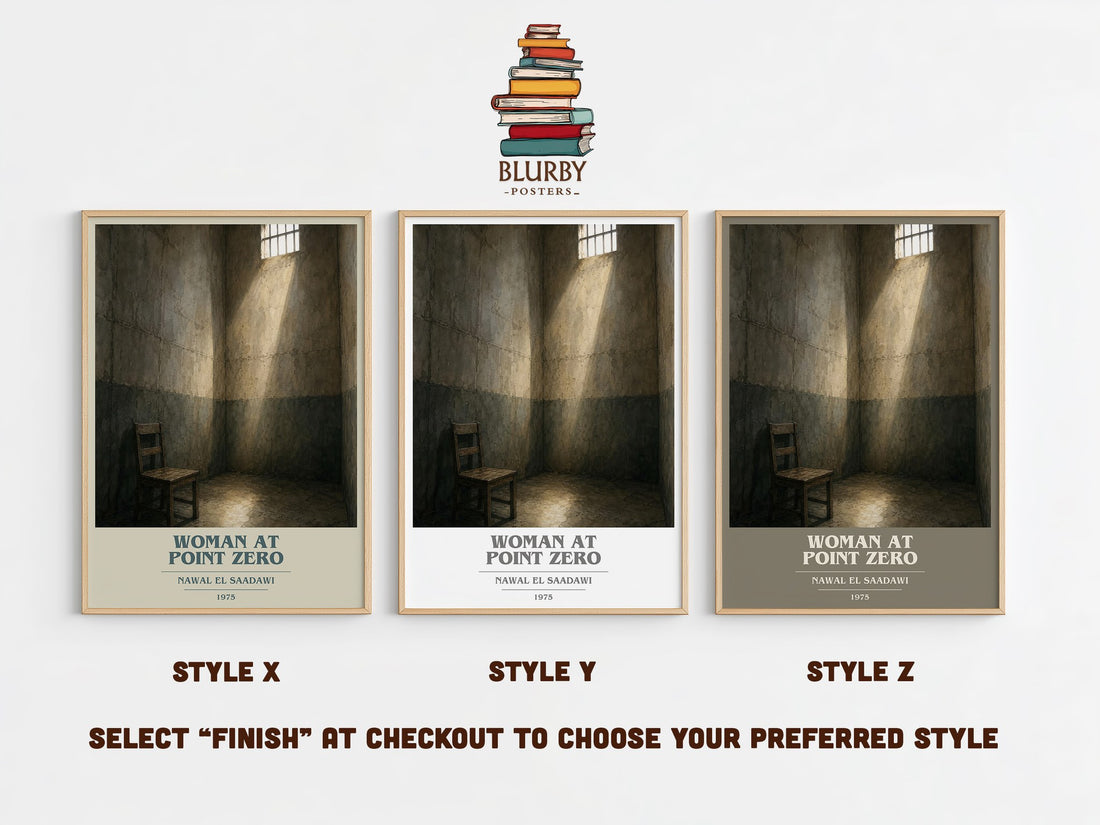 Woman at Point Zero book cover print in frame leaning in hallway – literary fiction wall art (mockup)