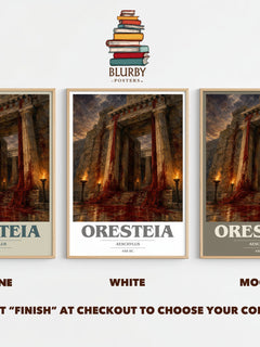 Oresteia book cover print framed by window – Stone, White and Mocha side by side – choose your colour